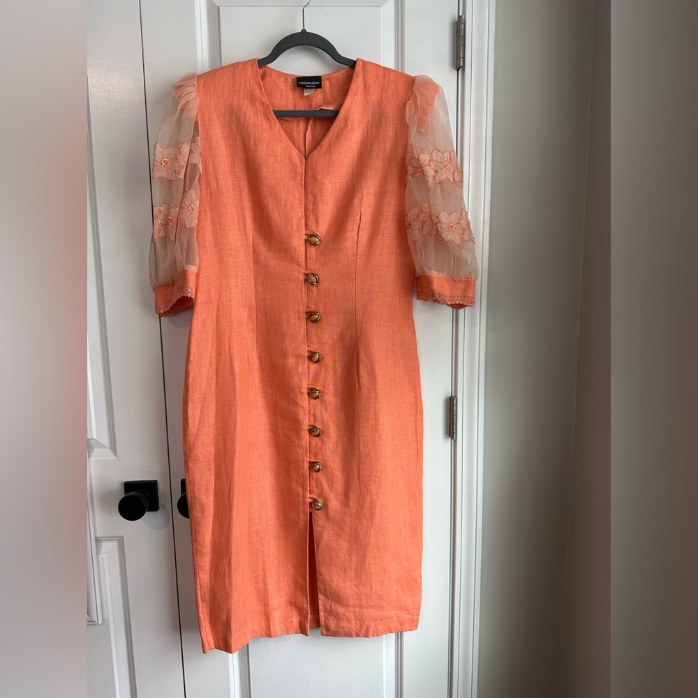 Tomorrow New York Vintage 80s Linen Puff Sleeve Dress Orange Gold Buttons Size L